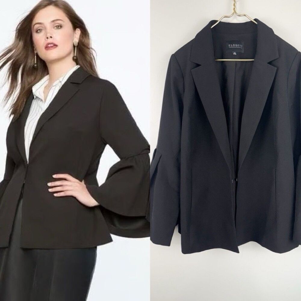 Eloquii Black Ponte Career Blazer Size 20 Flare Sleeve Detail Work New